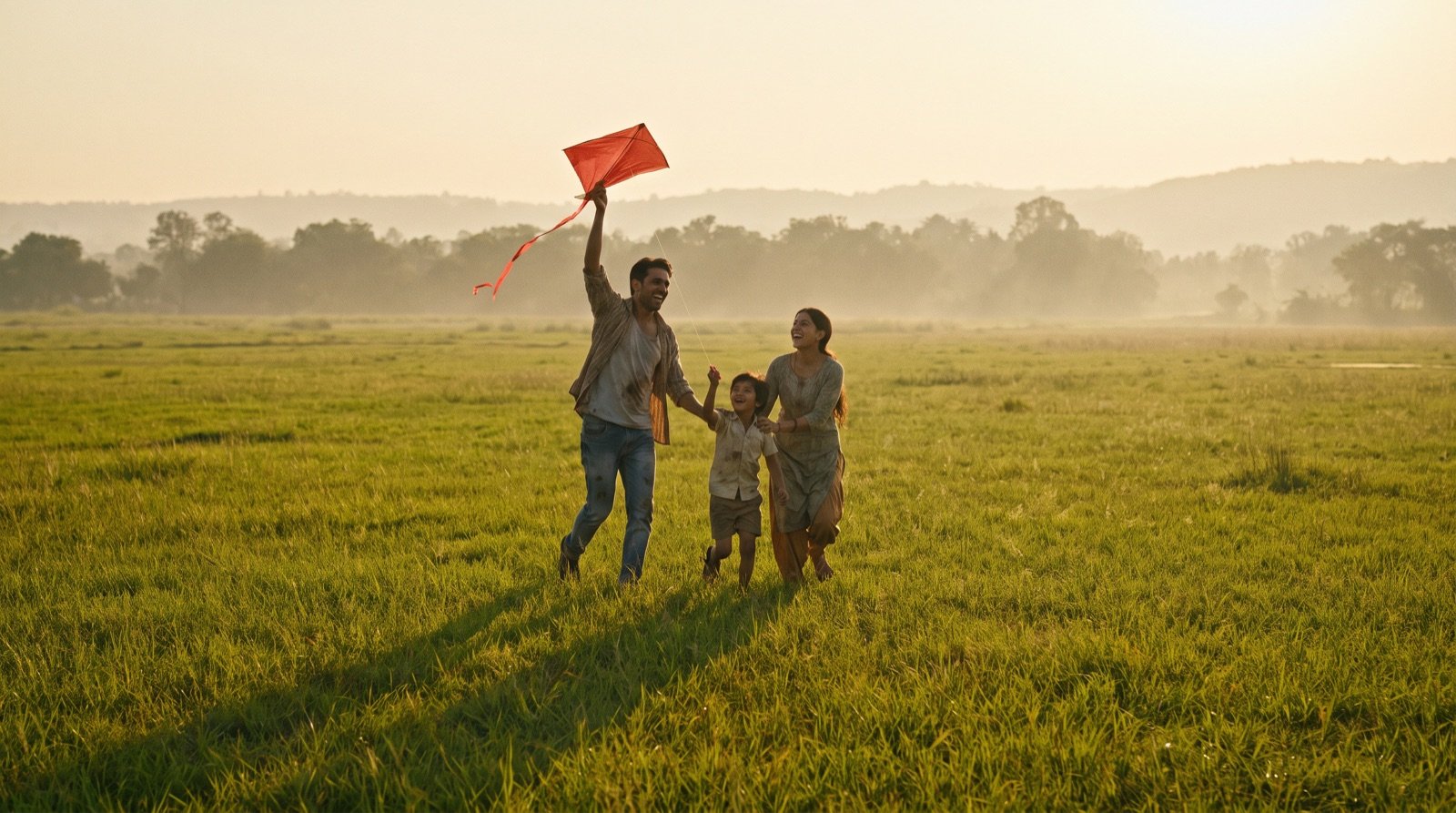 Family flying a kite on open green land at golden hour