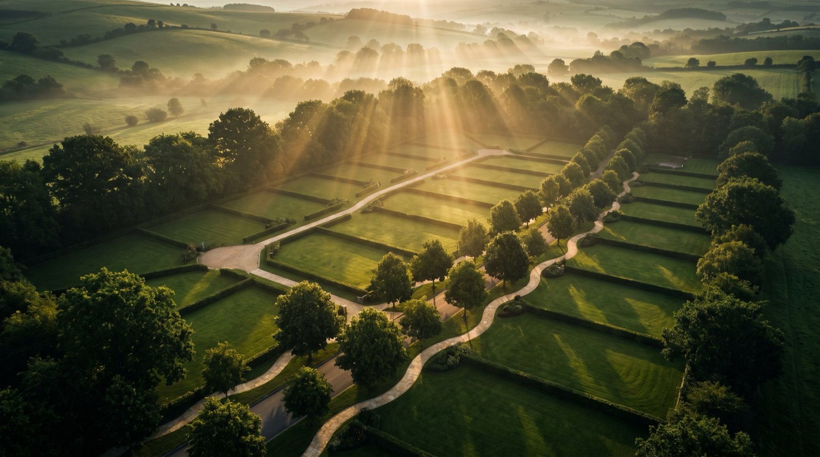 Aerial view of a green plotted land development at sunrise