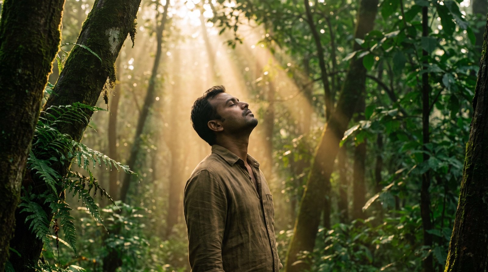 Breathing morning air in a green forest