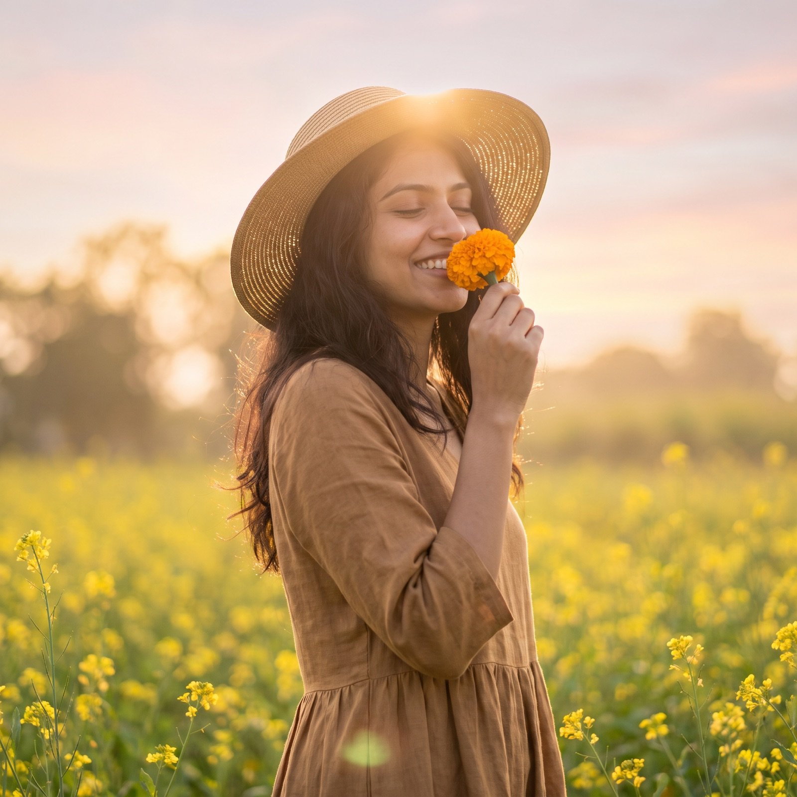 Woman in a straw hat smelling a marigold in a mustard field